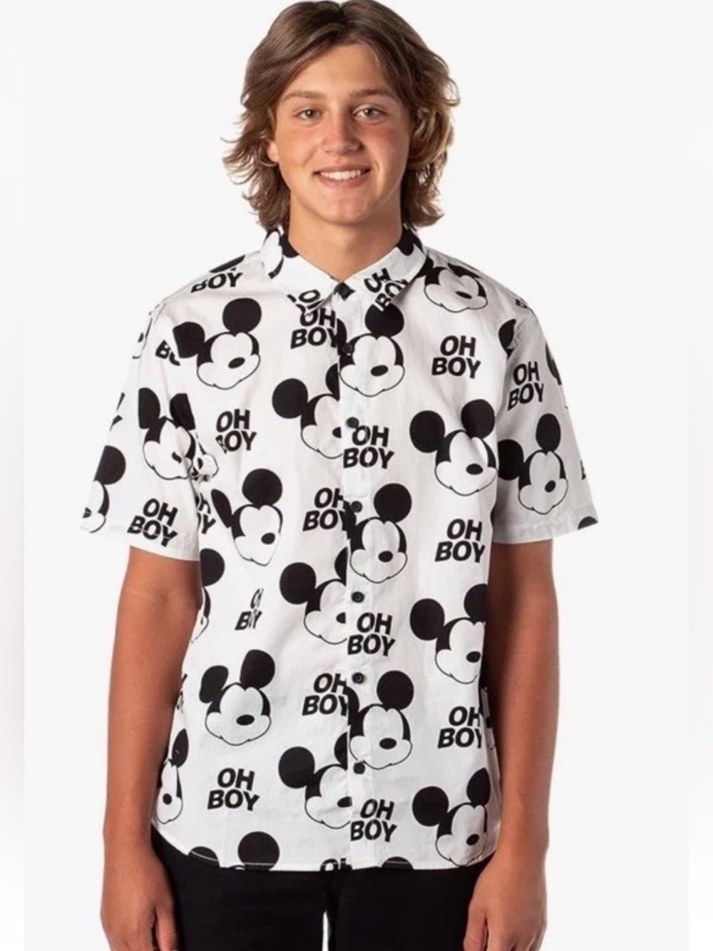 Neff x Disney "OH BOY" Mickey Mouse Shirt MED White/Black Button Down Streetwear